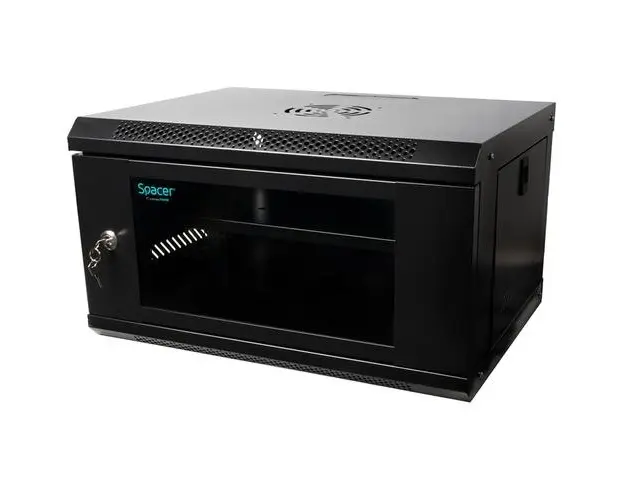 Cabinet 19″ SPACER 6U 500x400mm, fixare pe perete, Flatpack (dezasamblat), negru, usa sticla cu blocare, panouri detasabile, otel 1mm, sarcina maxima 25Kg