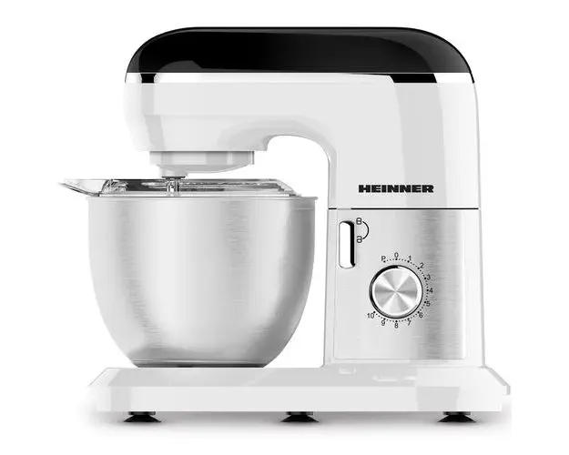 Mixer planetar Heinner HPM-1300WHBK , 1300 W, bol inox 6l, 7 viteze + pulse, tel, carlig framantare, paleta, capac transparent protectie (Alb/Inox)
