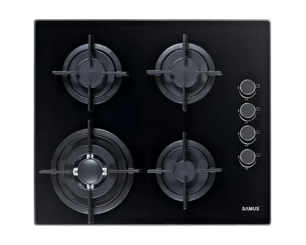 Plita Incorporabila Samus PSG-64SG6, 4 arzatoare, Latime 58 cm, Gratare din fonta individuale, Aprindere electrica (Sticla neagra)