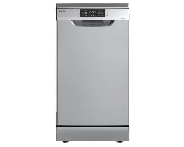 Masina de spalat vase Samus SDX410.8, 10 seturi, Latime 45 cm, 8 Programe, Clasa energetica E, Afisaj electronic, Pornire intarziata (Inox/Argintiu)