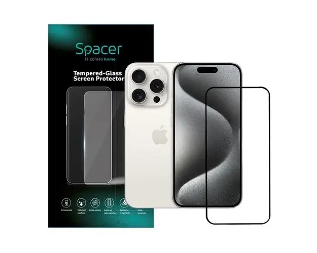 Folie sticla Spacer pentru Iphone 15 Pro Max, grosime 0.3mm, acoperire totala ecran, strat special anti-ulei si anti-amprenta, Tempered Glass, sticla 9D, duritate 9H
