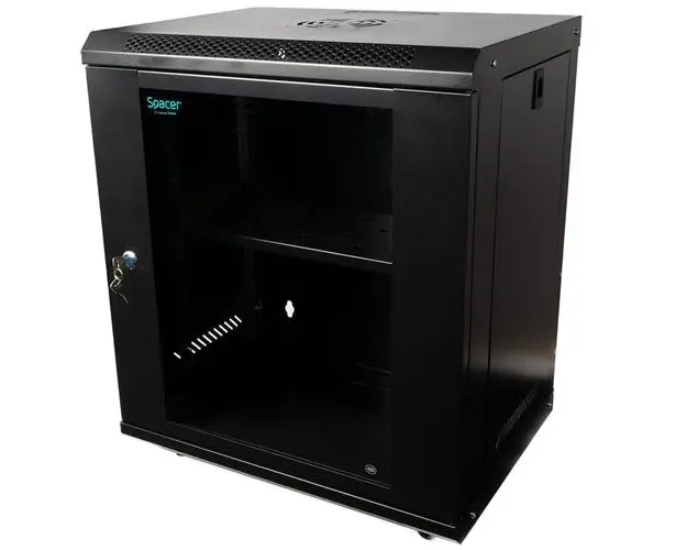 Cabinet 19″ Spacer 12U 500x400mm fixare pe perete flatpack (dezasamblat) black usa sticla cu blocare panouri detasabile