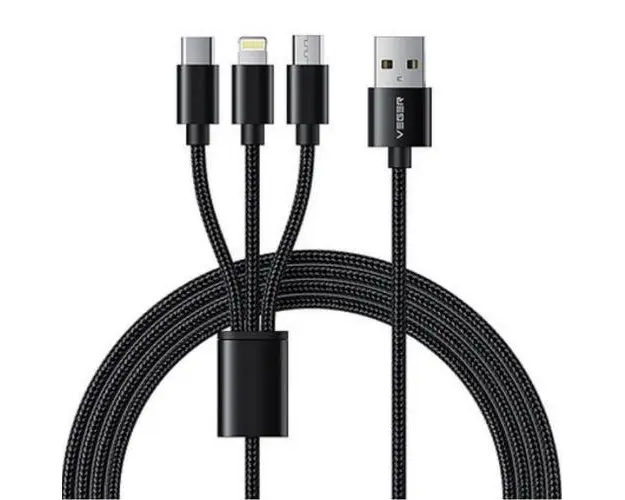 Cablu de date Veger V303, impletit, USB - Lightning/Type-C/micro USB, 1.5m, Negru