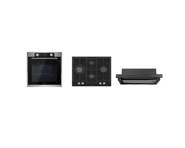 Pachet incorporabil Studio Casa Nero Bellagio, Cuptor electric, Plita gaz sticla neagra 70 cm si Hota telescopica neagra, 10 functii, 81 l, Grill, Rotisor, Ventilator, Autocuratare catalitica, Display Touch (Sticla neagra/Inox)