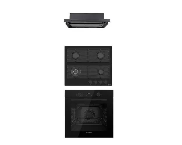 Pachet incorporabil Studio Casa Tele Rialto, Cuptor electric sticla neagra, Plita gaz neagra si hota telescopica neagra, 78 l, 7 functii, Ventilator, Autocuratare catalitica, Clasa energetica A (Sticla neagra)