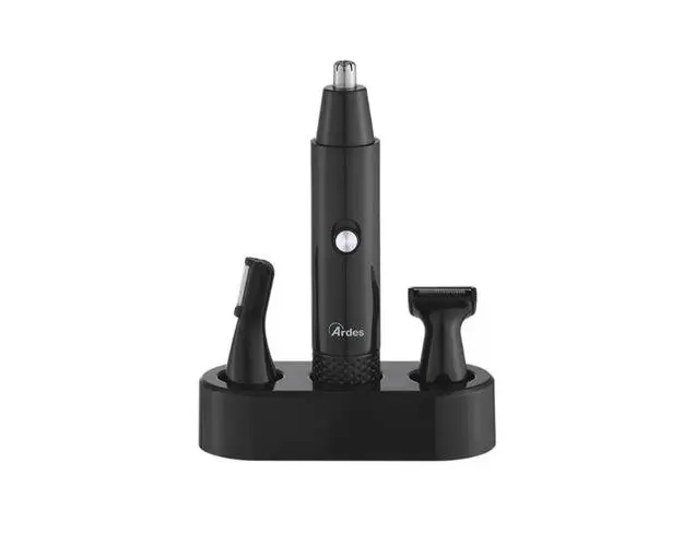 Trimmer 3 in 1 Ardes pentru nas, urechi, barba, sprancene si inghinal, 4 accesorii, 1000 rotatii /min., Lame inox, Cu baterie AA, Baza suport si kit de intretinere (Negru)