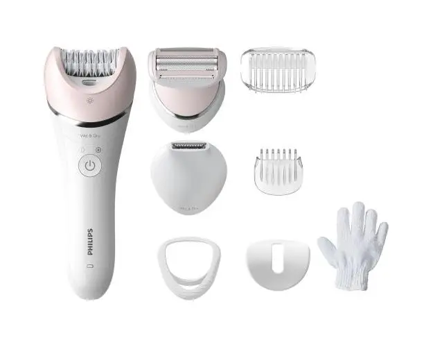 Epilator umed si uscat Philips Seria 8000 BRE721/00, 8 accesorii, 32 pensete, utilizare fara fir, 2 setari viteza, opti-light, discuri ceramice, Alb/Argintiu