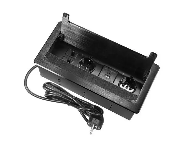 Priza incastrabila schuko ORNO OR-GM-9041(GS)/B, 2 prize 230V, 1xUSB-A, 1x USB-C, 2 x RJ45 CAT 5E, 3680W, IP20, cablu 1.5 m, perie de praf, Negru