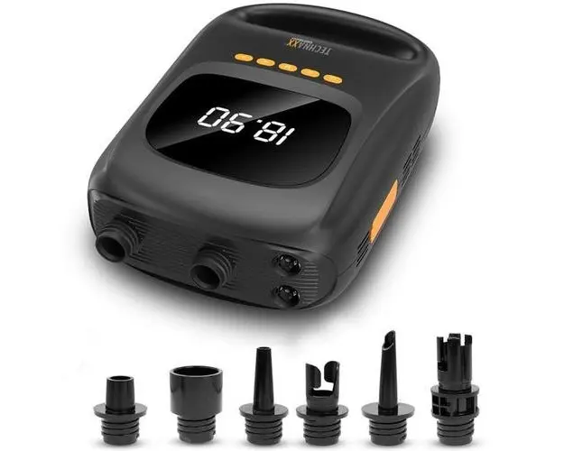 Pompa de aer electrica Technaxx TX-266, 120W, 20 PSI, portabila, afisat digital, baterie 7500 mAh, functie power bank, adaptor auto 12V, 3 moduri presetate, lumina LED, incarcare USB-C/ DC 12V, negru