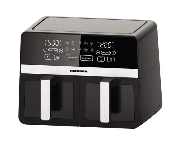 Friteuza dubla cu aer cald Heinner SimCook HAF-K10DB24BK, 2400W, capacitate 9.5L, termostat reglabil cu afisaj LED, control digital individual, 10 programe prestabilite, temporizator 60 min. cu avertizare sonora, Negru