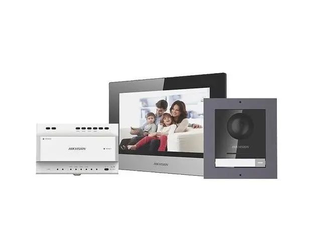 Kit videointerfon 1 familie, 2 fire, 2MP, microfon, intrare alarma, LCD 7 inch - Hikvision DS-KIS702/S