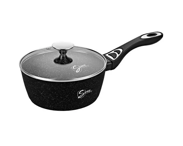 Cratita antiaderenta cu maner si capac Samus VER200LSPB-20 cm, Invelis marmura antiaderenta, Capac din sticla termorezistenta (Negru)