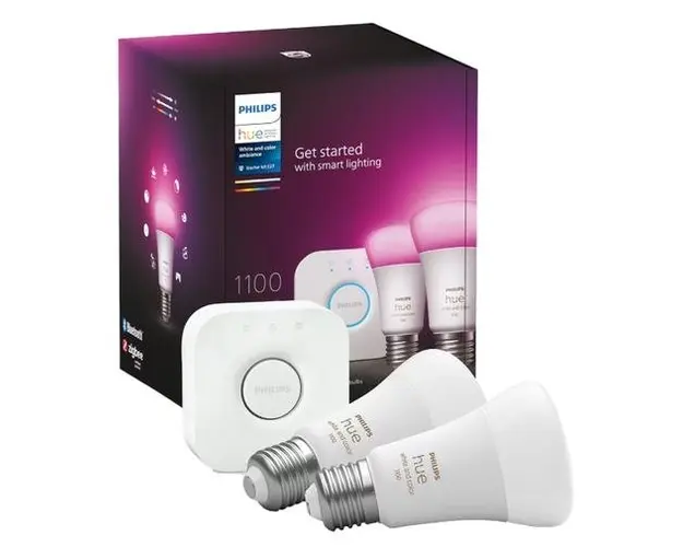 Kit 2 becuri LED PHILIPS Hue 8719514291492, 9W (75W), E27, Lumina RGB + Bridge