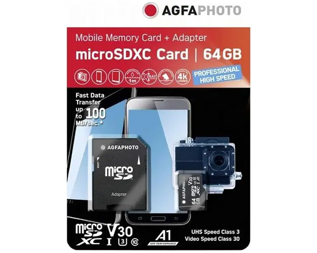 Card de memorie AgfaPhoto 10582A1, 64GB, microSDXC, UHS-I U3, V30, A1, Adaptor SD inclus