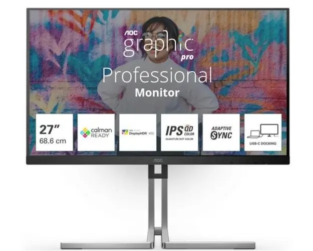 Monitor IPS QD LED AOC 27inch Q27U3CV, QHD (2560 x 1440), HDMI, DisplayPort, Boxe, Pivot, 75 Hz, 4 ms (Negru)