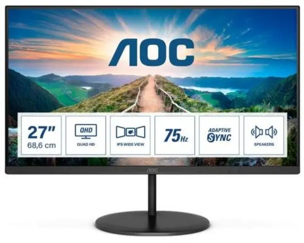 Monitor IPS LED AOC 27inch Q27V4EA, QHD (2560 x 1440), HDMI, DisplayPort, Boxe, 75 Hz (Negru)