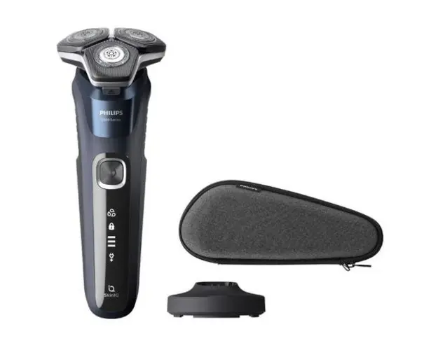 Aparat de barbierit Philips Shaver Seria 5000 S5885/35, Umed/uscat, Tehnologie SkinIQ, Capete flexibile 360, Display LED, Senzor Power Adapt, Autonomie 60 min (Negru/Albastru)