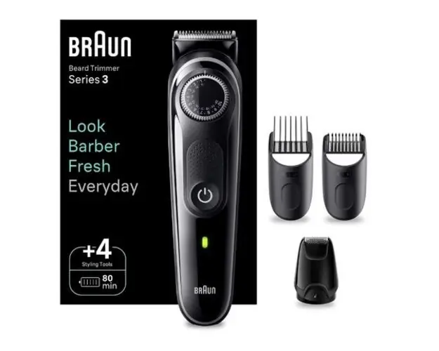 Aparat de tuns barba Braun Beard Trimmer BT3440, Wet&Dry, buton rotativ de precizie, 40 de setari pentru lungime, 1 mini-aparat de ras, 2 piepteni de precizie, autonomie 80 minute (Negru/Gri)