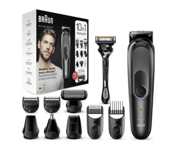 Aparat de tuns multifunctional Braun MGK7321 Wet&Dry, 13 de setari pentru lungime, 10 in 1, 4 piepteni, 5 accesorii extra, Aparat de ras Gillette (Negru/Gri)