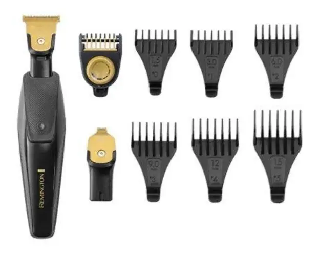 Aparat de tuns si conturat barba Remington T-Series Ultimate Precision MB7000, 9 accesorii, Lame Titan, 100% rezistent la apa, Autonomie 60 min (Negru/Auriu)