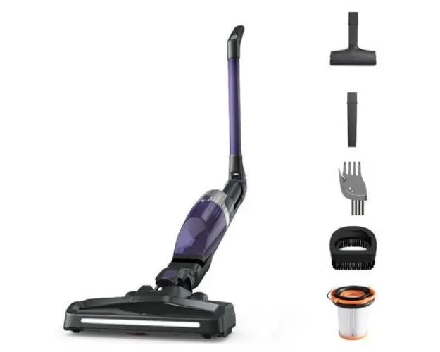 Aspirator vertical Rowenta X-TREM Compact 2 in 1 RH1238WO, 145 W, 16.8 V, Tehnologie Flex in doua pozitii, Autonomie 40 minute, Timp incarcare 4h, Cap de aspirare iluminare LED, 0.4 L (Negru/Violet)