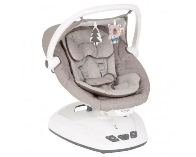 Balansoar Graco Move With Me Little Adventures, 70 x 53 x 54 cm, 10 cantece de leagan preinregistrate, poate fi alimentat la priza sau cu baterii (Gri)