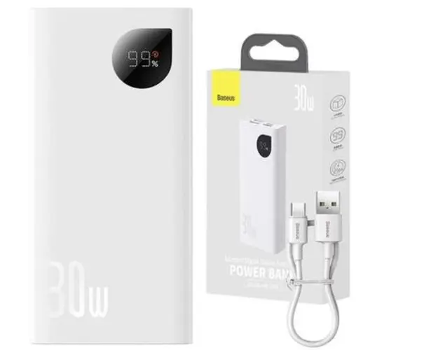 Acumulator extern Baseus Adaman2, Digital Display, Incarcare rapida, 10000 mAh, 30W VOOC Edition, cablu USB-A la USB-C inclus (Alb)