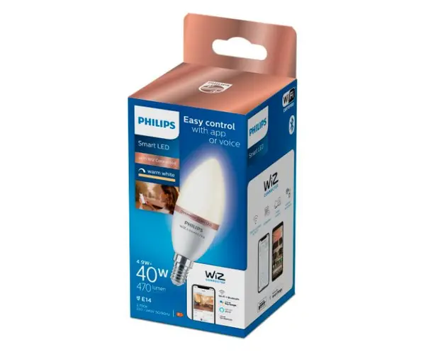 Bec LED inteligent Philips, lumanare, Wi-Fi, Bluetooth, C37, E14, 4.9W (40W), 470 lm, lumina alba calda (2700K)