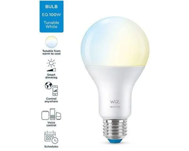 Bec LED inteligent WiZ Whites, Wi-Fi, A67, E27, 13W (100W), temperatura lumina reglabila (2700K-6500K), 1521 lumeni, compatibil Google Assistant/Alexa/Siri, dimensiuni 14.2x7.7cm