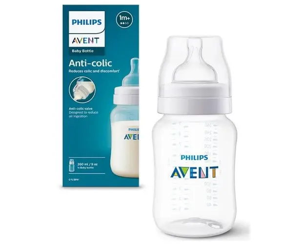 Biberon Philips Avent SCY103/01, Dispozitiv anti-colici, 260 ml, +1 luni, Fara BPA (Alb/Transparent)