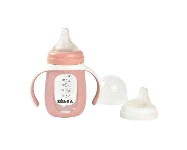 Biberon de invatare 2 in 1 din Sticla Beaba, 210 ml, Old Pink