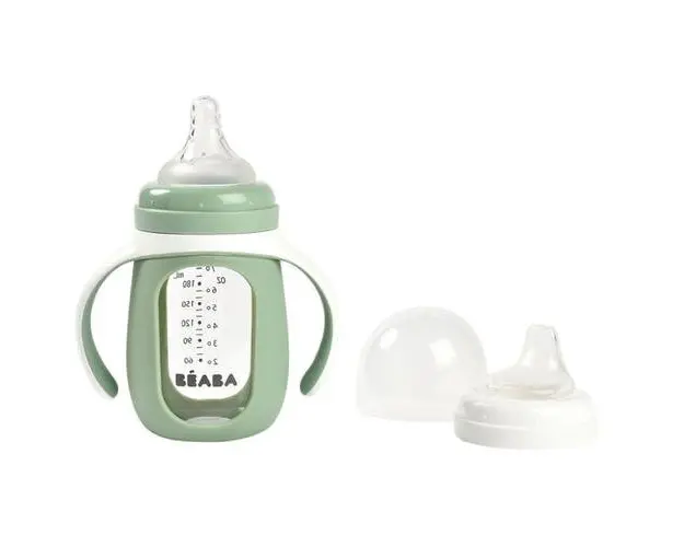 Biberon de invatare 2 in 1 din Sticla Beaba, 210 ml, Sage Green