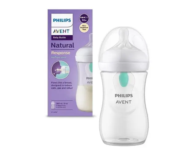 Biberon Philips Avent Natural Response SCY673/01, Dispozitiv anticolici AirFree, 260 ml, Debit 3, Tetina fara scurgeri, +1 luni, Fara BPA (Alb/Transparent)