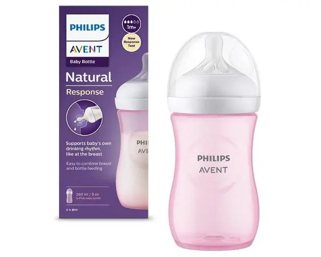 Biberon Philips Avent Natural Response SCY903/11, 260 ml, +1 luni, Fara BPA (Roz)