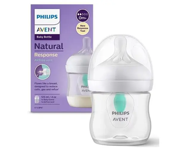 Biberon Philips Avent Natural Response SCY670/01, Dispozitiv anticolici AirFree, 125 ml, +0 luni, Fara BPA (Alb/Transparent)