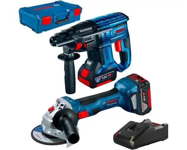 Set ciocan rotopercutor si polizor unghiular Bosch 0615990N05, SDS-Plus, 125 mm, 2 acumulatori Li-Ion, 18 V, 4.0 Ah, incarcator, Valiza (Albastru/Negru)