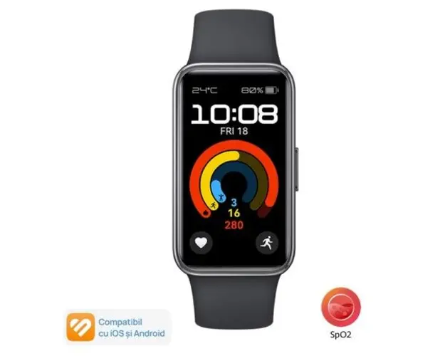 Bratara fitness Huawei Band 9, curea fluoroelastomer, ecran AMOLED, Bluetooth, Android&iOS (Negru)