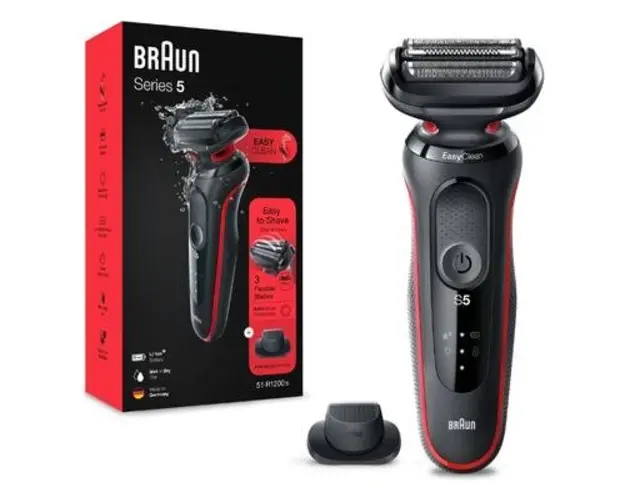 Aparat de ras electric Braun Series 5 51-R1200s Wet&Dry, AutoSense, Easy Clean, Easy Click, 3 elemente de taiere, 1 accesoriu pentru mustata si perciuni (Rosu/Negru)