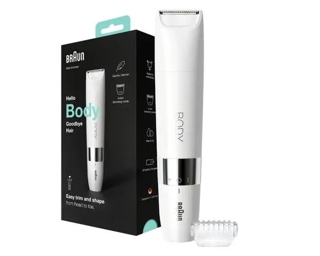 Mini aparat de tuns corporal Braun BS1000 Wet&Dry, cu pieptene de tuns, pe baterii (Alb)
