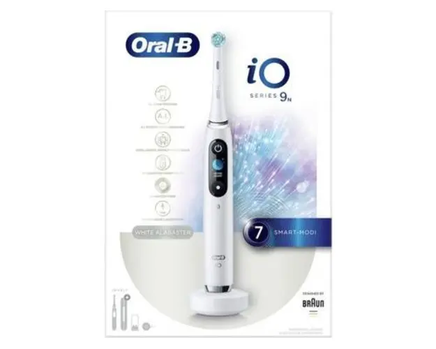 Periuta de dinti electrica Oral-B iO9, Tehnologie Magnetica, Micro-Vibratii, Inteligenta artificiala, Display led, Senzor de presiune Smart, Timer, 7 moduri, 1 capat, Suport rezerve, Incarcator magnetic, Trusa de calatorie cu incarcator (Alb)