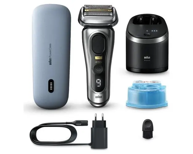 Aparat de ras electric Braun Series 9 PRO+ 9577cc, AutoSense, Sonic Technology, 5 elemente de taiere, Statie Smart Care 6-in-1, Trusa de voiaj cu functie de incarcare (Argintiu)