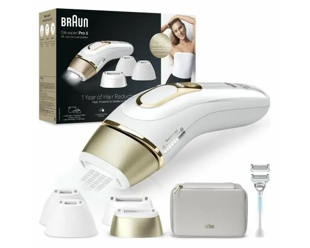 Epilator IPL Braun Silk-expert Pro 5 PL5356, 3 moduri, 10 intensitati, 400.000 pulsatii, Tehnologia SkinPro 2.0 (Auriu/Alb)