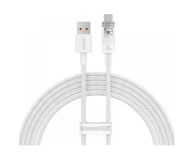 Cablu Baseus Explorer, USB la USB-C, 100W, 6A, Quick Charge, 2m, Alb