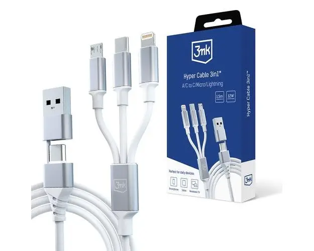 Cablu Date si Incarcare USB-A / USB-C - Lightning / microUSB / USB-C 3MK Hyper, 12W, 1.5m, Alb