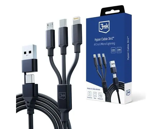Cablu Date si Incarcare USB-A / USB-C - Lightning / microUSB / USB-C 3MK Hyper, 12W, 1.5m, Negru