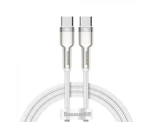 Cablu de date Baseus Cafule Metal CATJK-C02, USB Type-C - USB Type-C, 100W, 1m, impletitura nylon (Alb)