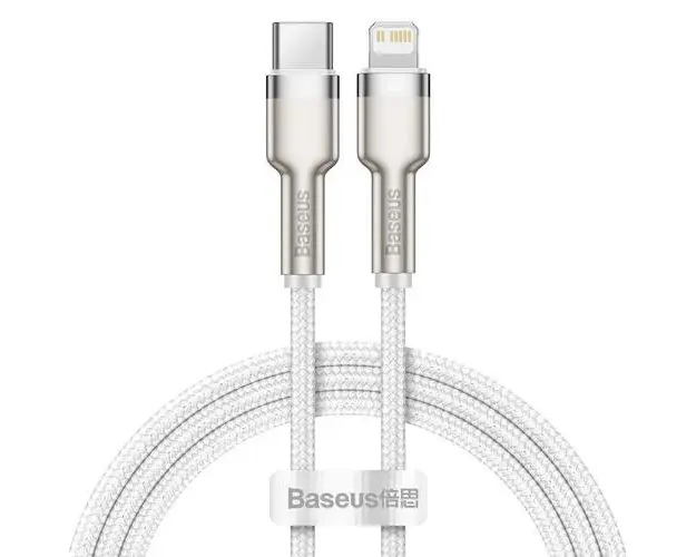 Cablu de date Baseus Cafule Metal CATLJK-A02, USB Type-C - Lightning, 20W, 1m, impletitura nylon (Alb) 