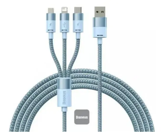 Cablu de date Baseus StarSpeed 3-in-1, Fast Charging, USB-C, Lightning, Micro USB, 3.5A, 1.2 metri (Albastru deschis)