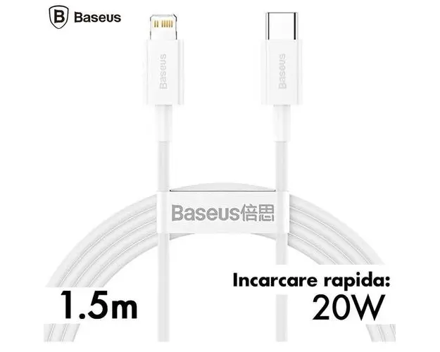 Cablu de date Baseus Superior CATLYS-B02, Fast Charging, USB Type-C - Lightning, PD 20W, 1.5m (Alb)