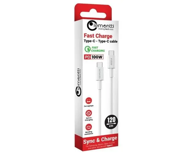 Cablu de date Lemontti LEMCFTCPD100A, Fast Charge, Type-C la Type-C, PD, 100W, 1.2m, Alb